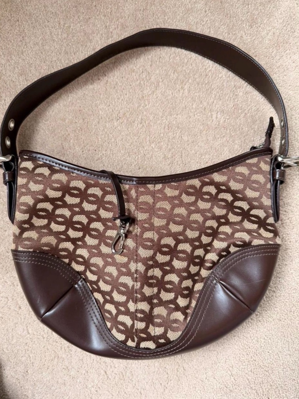 ALFRED SUNG Brown Monogram Shoulder Bag with Dark Brown Trim